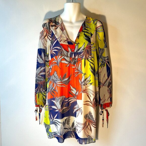 Joan Vass SZ M Tropical Patchwork Print Shift Dress Resort Travel Office Comfy - Picture 1 of 10